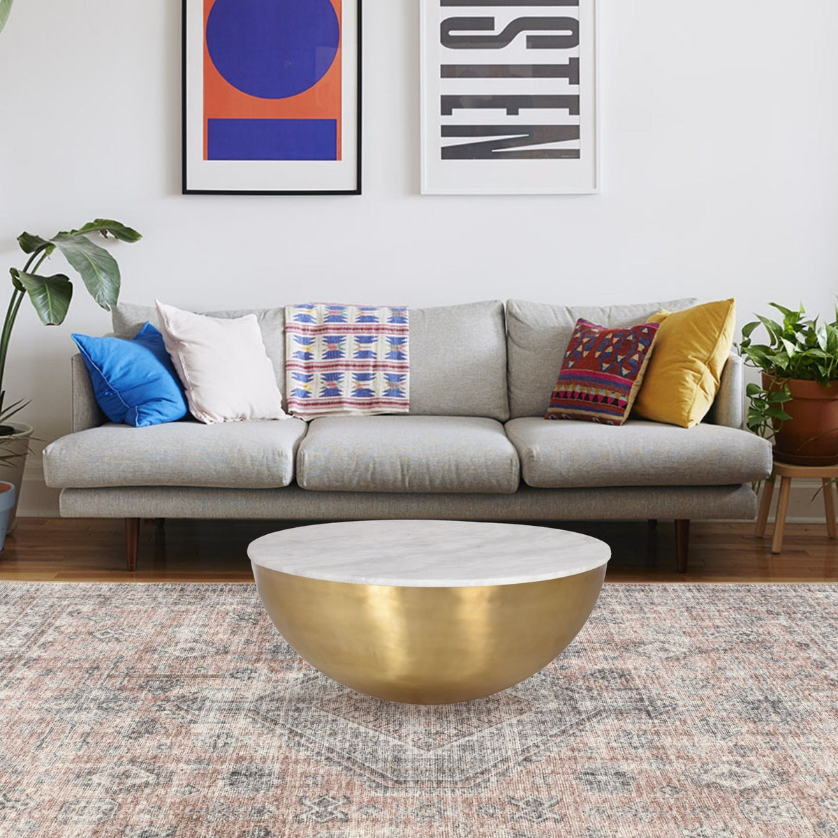 Lia Brass Drum Coffee Table With Marble Top