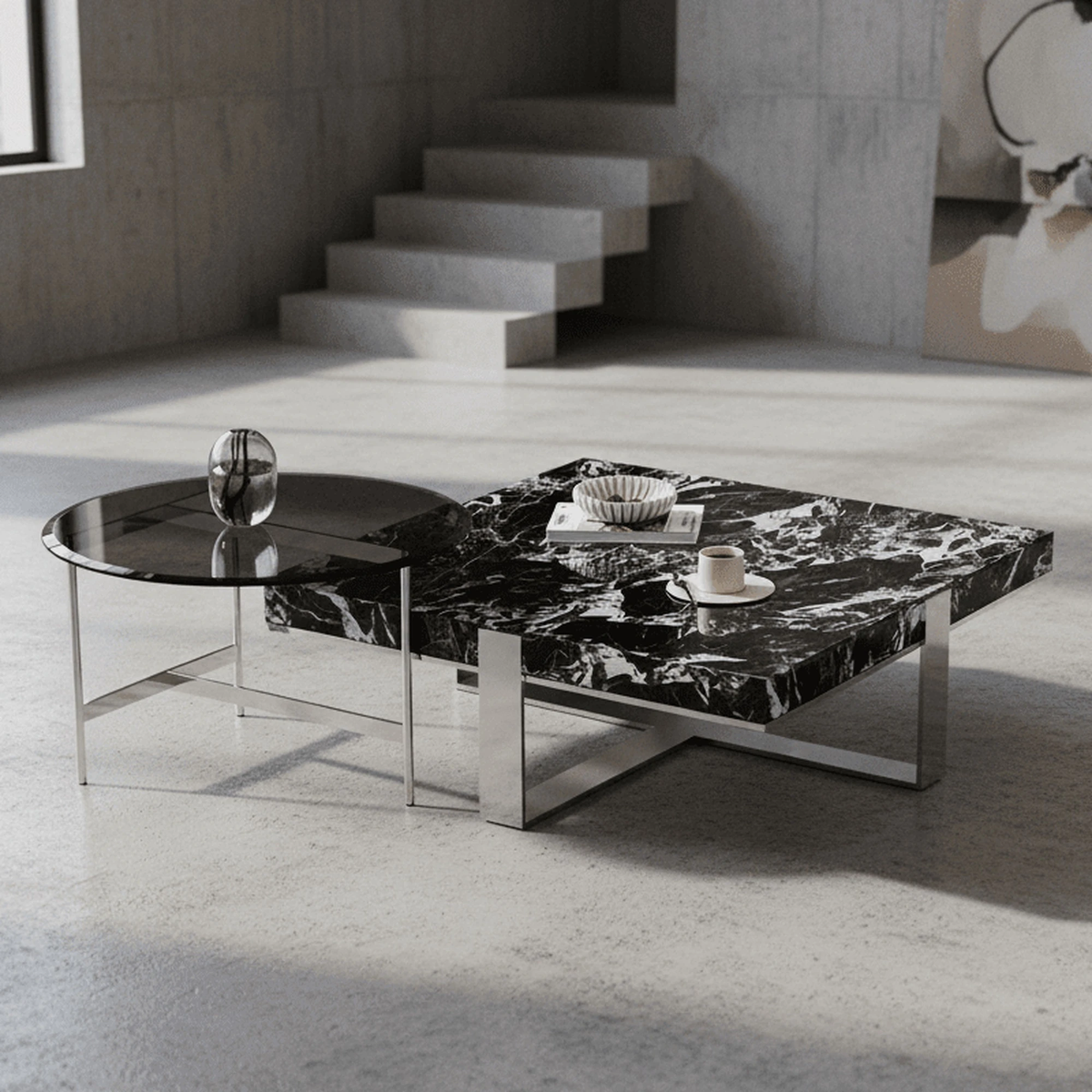 Orion Interlocking Marble & Glass Table Duo