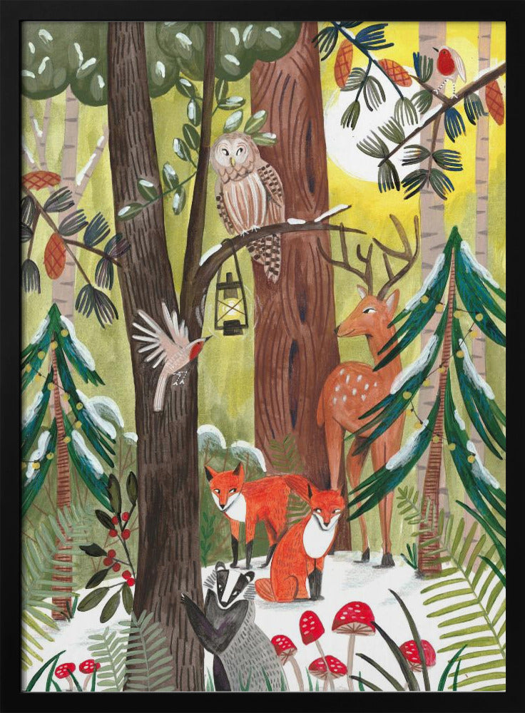 Wall art Green Christmas forest with animals Canvas Print