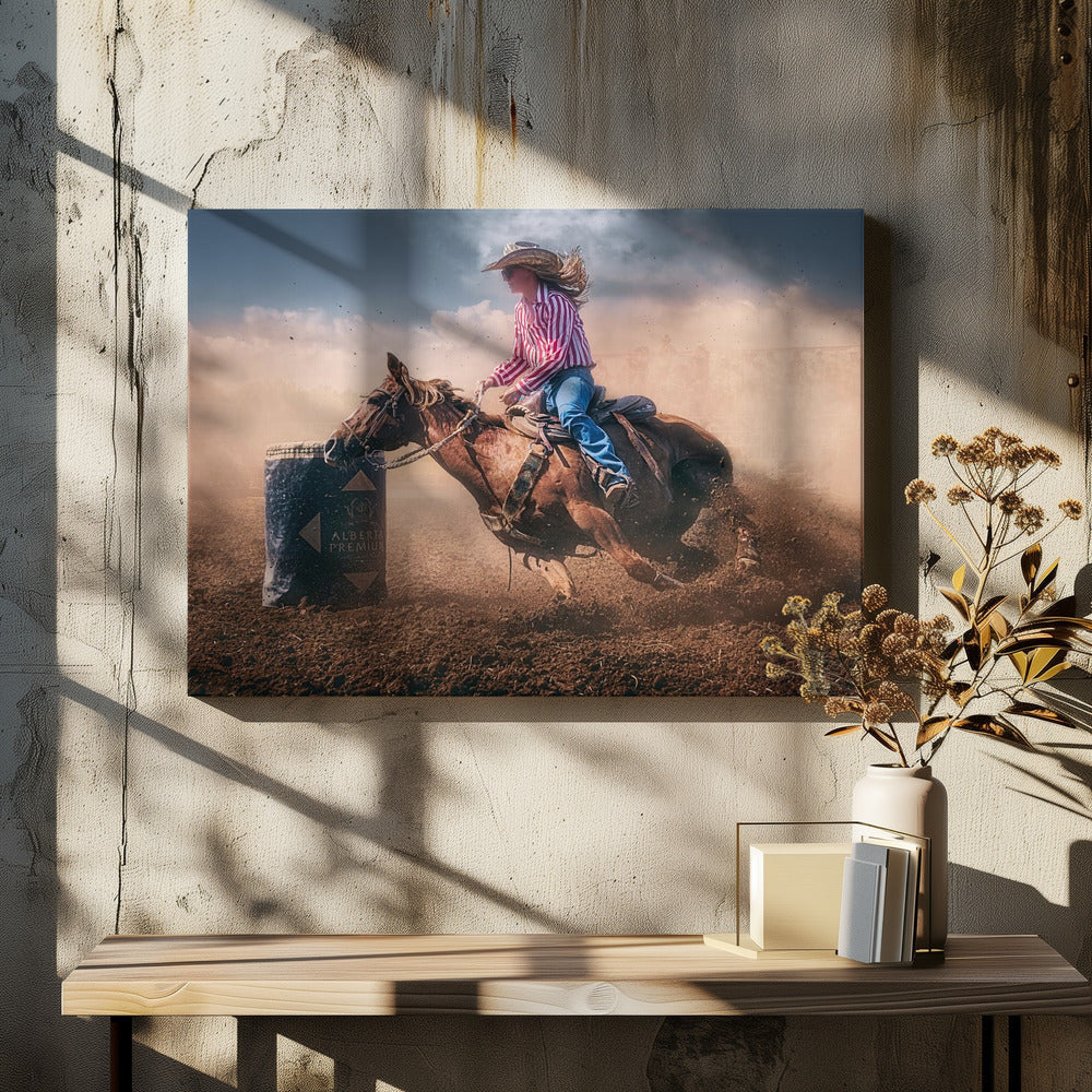 Cowgirl Barrel Racing in Dust Canvas Wall Art | Swift Brake and Turn