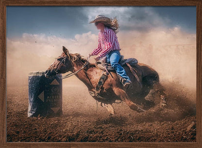 Cowgirl Barrel Racing in Dust Canvas Wall Art | Swift Brake and Turn