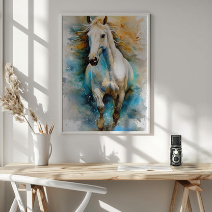 White Horse with Blue and Gold Watercolour Canvas Wall Art | Watercolor Horse (14)