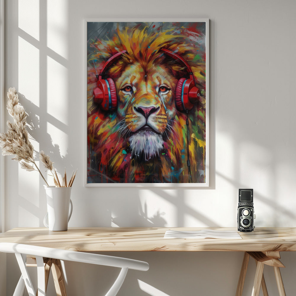 Colourful Lion Wearing Red Headphones Canvas Wall Art | Lion With Headphones animal