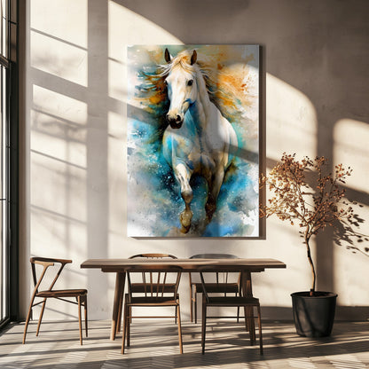 White Horse with Blue and Gold Watercolour Canvas Wall Art | Watercolor Horse (14)