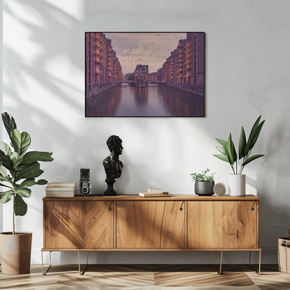 Warm Toned Warehouse Canal Cityscape Canvas Wall Art | City of Warehouses