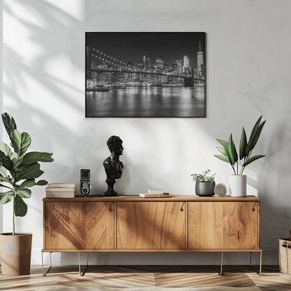 Manhattan Skyline and Brooklyn Bridge at Night Canvas Wall Art | MANHATTAN SKYLINE and BROOKLYN BRIDGE Idyllic Nightscape