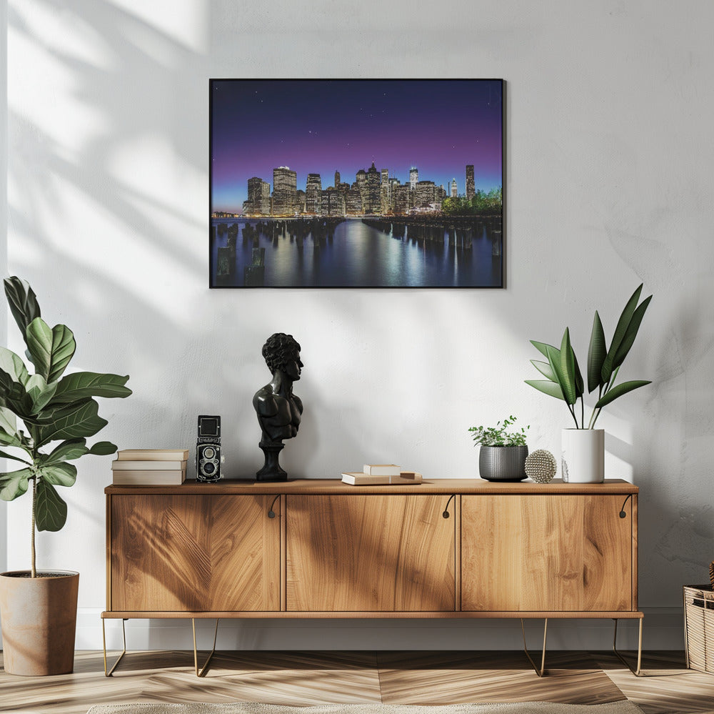 New York Night Skyline and Pier Reflections Canvas Wall Art | New York Sky Line
