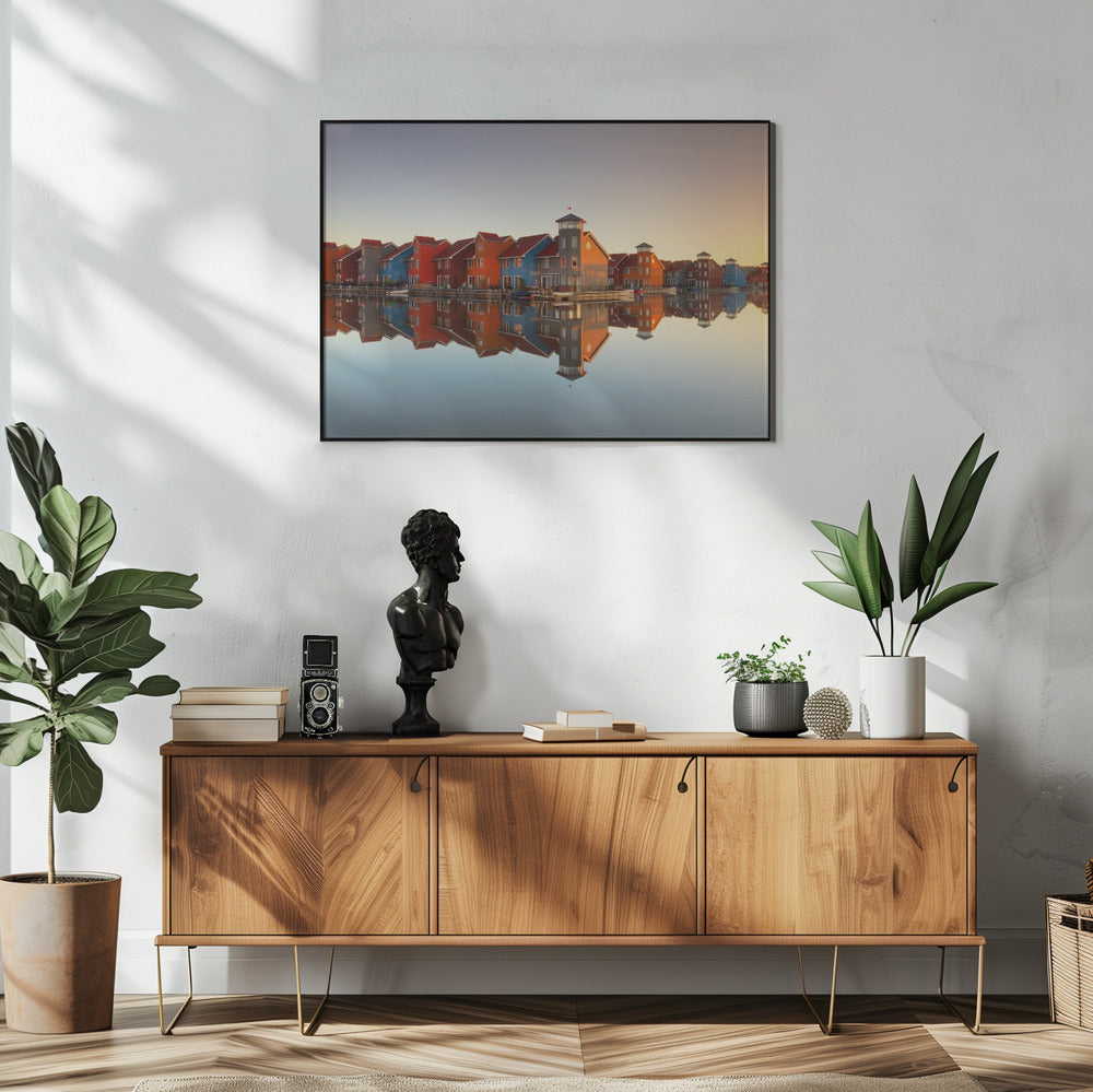 Colourful Waterfront Village Reflections Canvas Wall Art