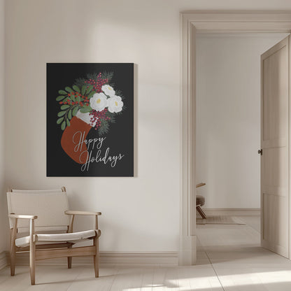 Wall art Floral Stocking Happy holidays in black Canvas Print