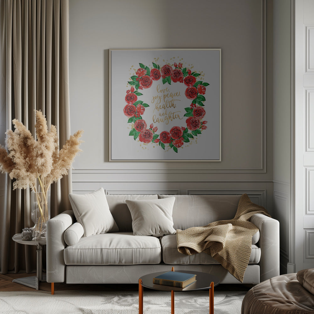 Wall art Holiday wishes wreath of red English roses