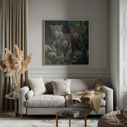 Three Jaguars amid Dense Jungle Leaves Canvas Wall Art