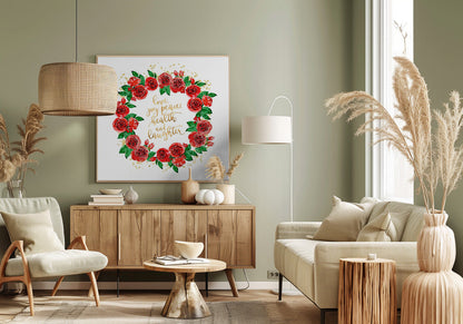 Wall art Holiday wishes wreath of red English roses