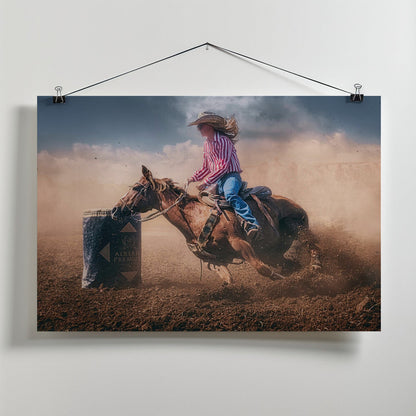 Cowgirl Barrel Racing in Dust Canvas Wall Art | Swift Brake and Turn