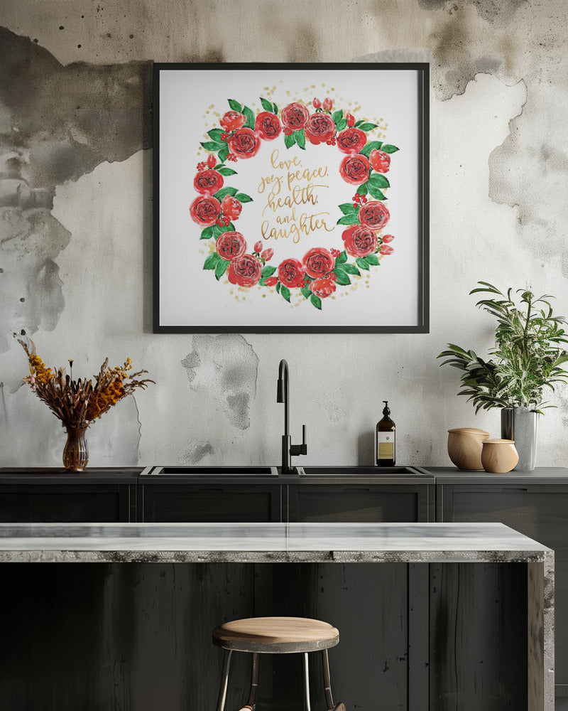 Wall art Holiday wishes wreath of red English roses