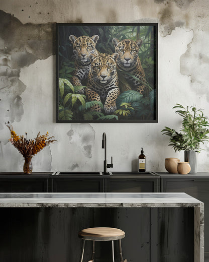 Three Jaguars amid Dense Jungle Leaves Canvas Wall Art