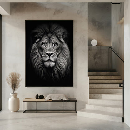 Front Facing Black and White Lion Portrait Canvas Wall Art | Wild 11