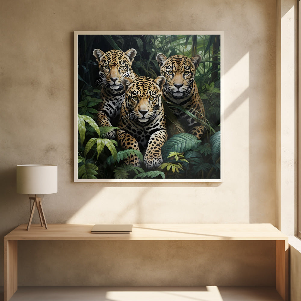 Three Jaguars amid Dense Jungle Leaves Canvas Wall Art