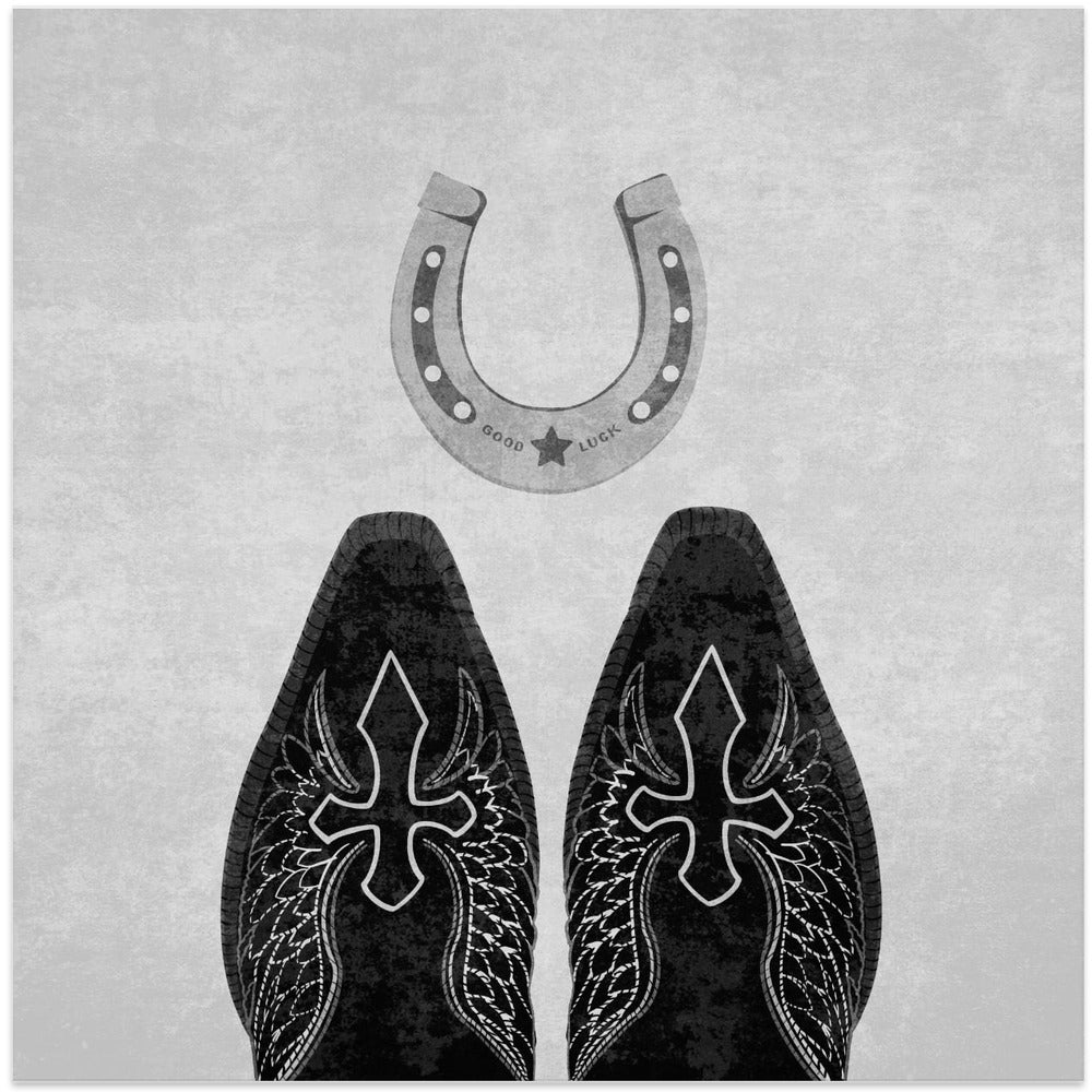 Wall Art Bw Cowboy Boots and Horseshoe