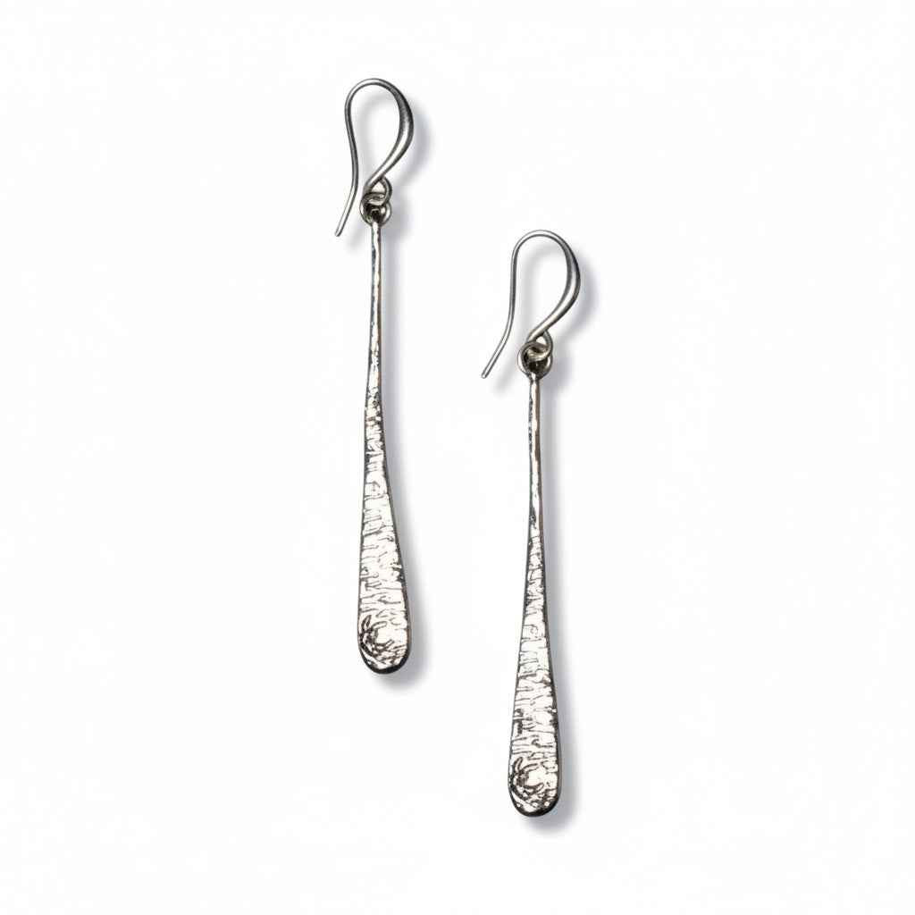 Beaten Long Tear Drop Earring - Silver Plate