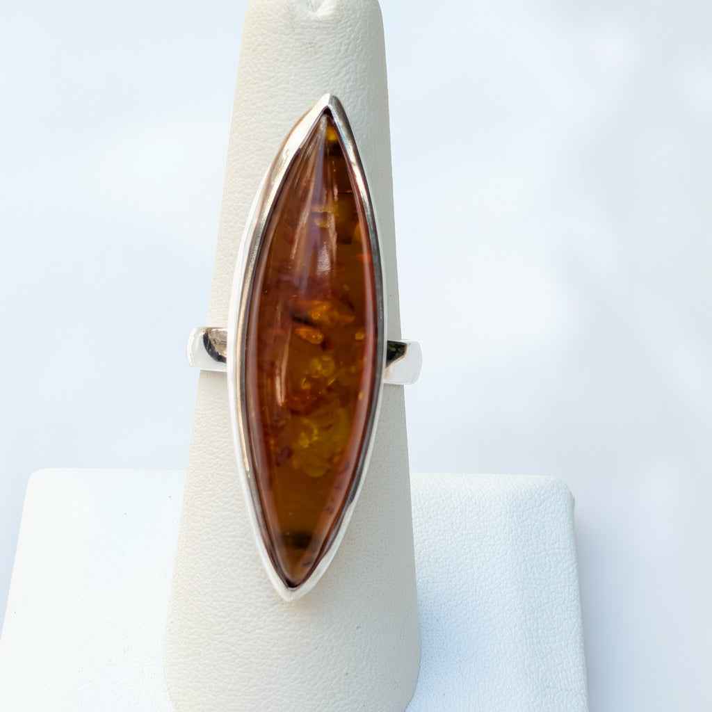 Golden Amber Marquise Ring | Silver Baltic Amber Ring |Tears of the Sun