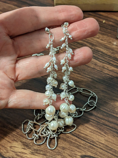 Long Pearl Drop Earrings — Sterling Silver