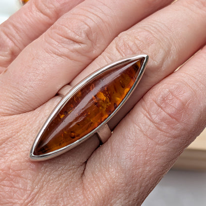 Golden Amber Marquise Ring — Baltic Amber & Sterling Silver