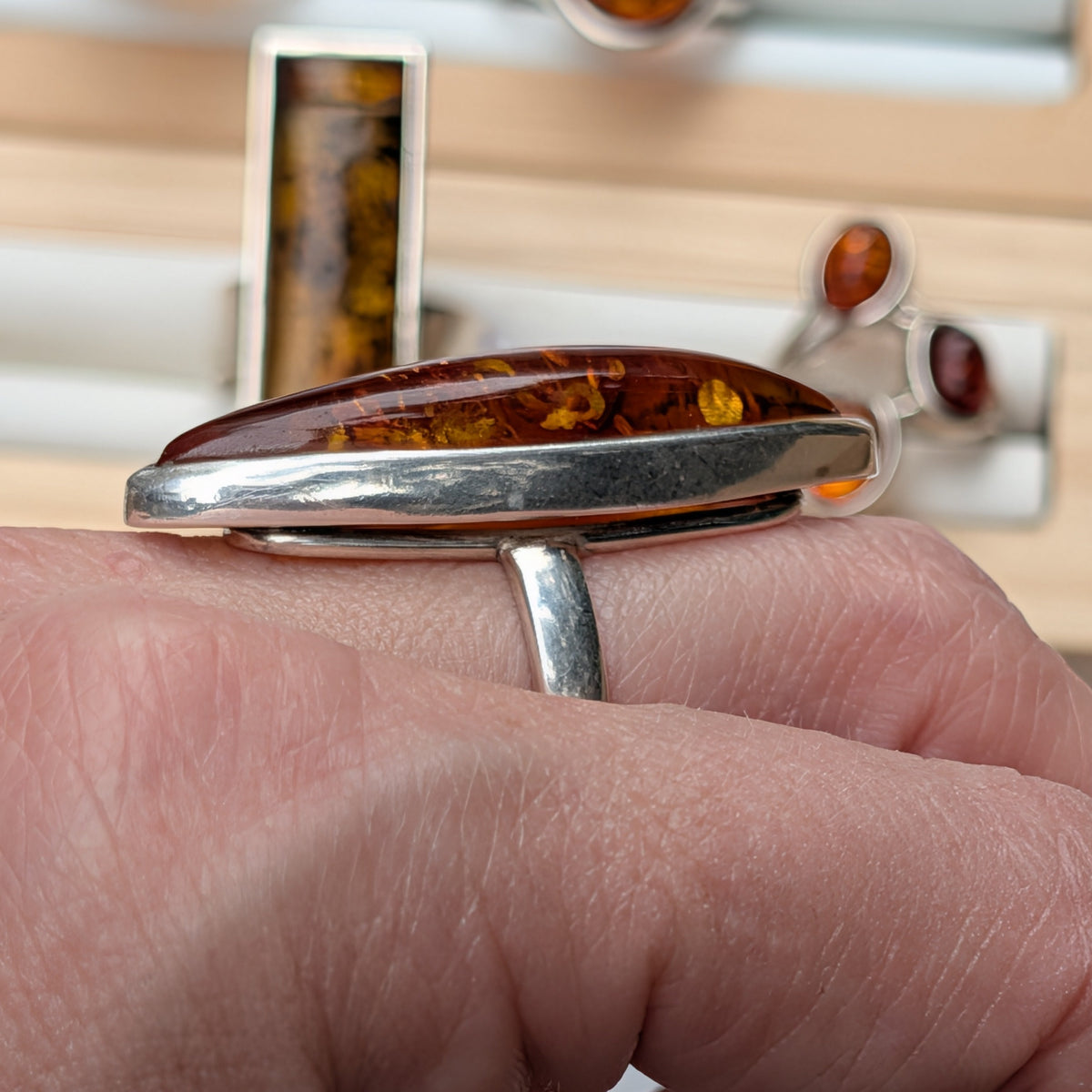 Golden Amber Marquise Ring — Baltic Amber & Sterling Silver