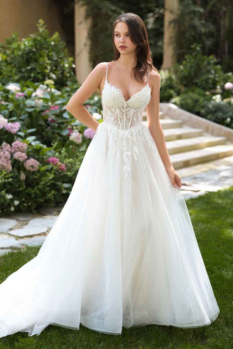 Deep neckline, beaded spaghetti straps & illusion lace corset bodice