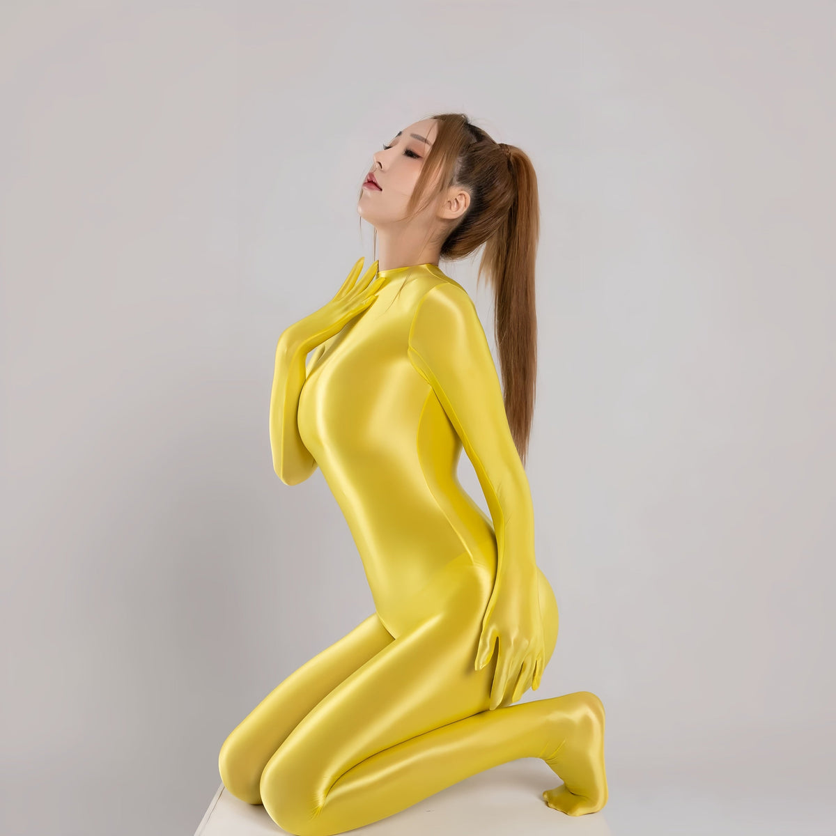 Spandex Nylon Full Bodysuit Zentai Shinny Cosplay Jumpsuit Attached Gloves